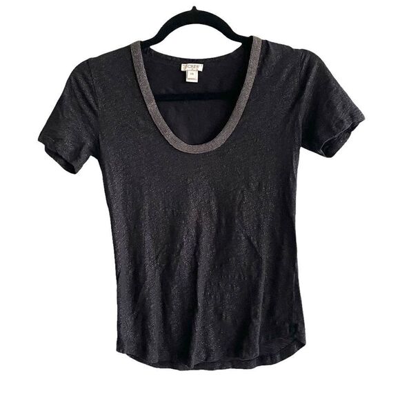 J. CREW Scoop Neck Short Sleeve T-Shirt Blouse Top Black Metallic Shimmer XXS - Picture 1 of 5